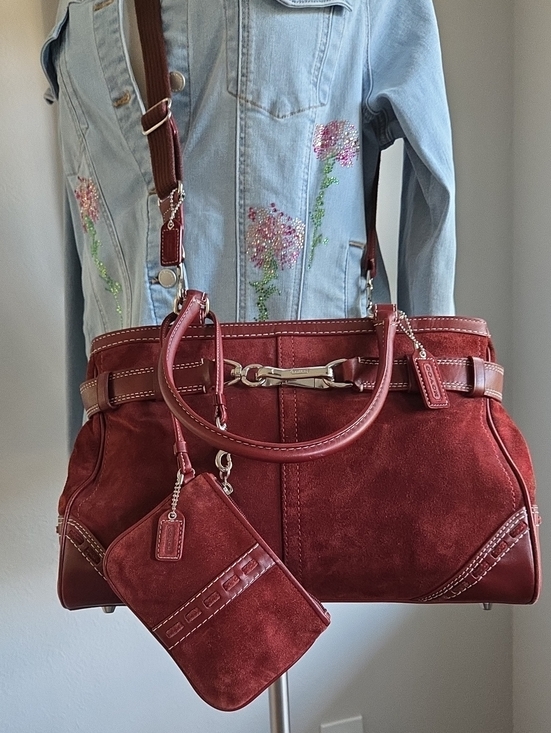 Coach Handbags - COACH 2007 Burgundy Suede Hamptons Satchel Crossbody Bag w/Wristlet